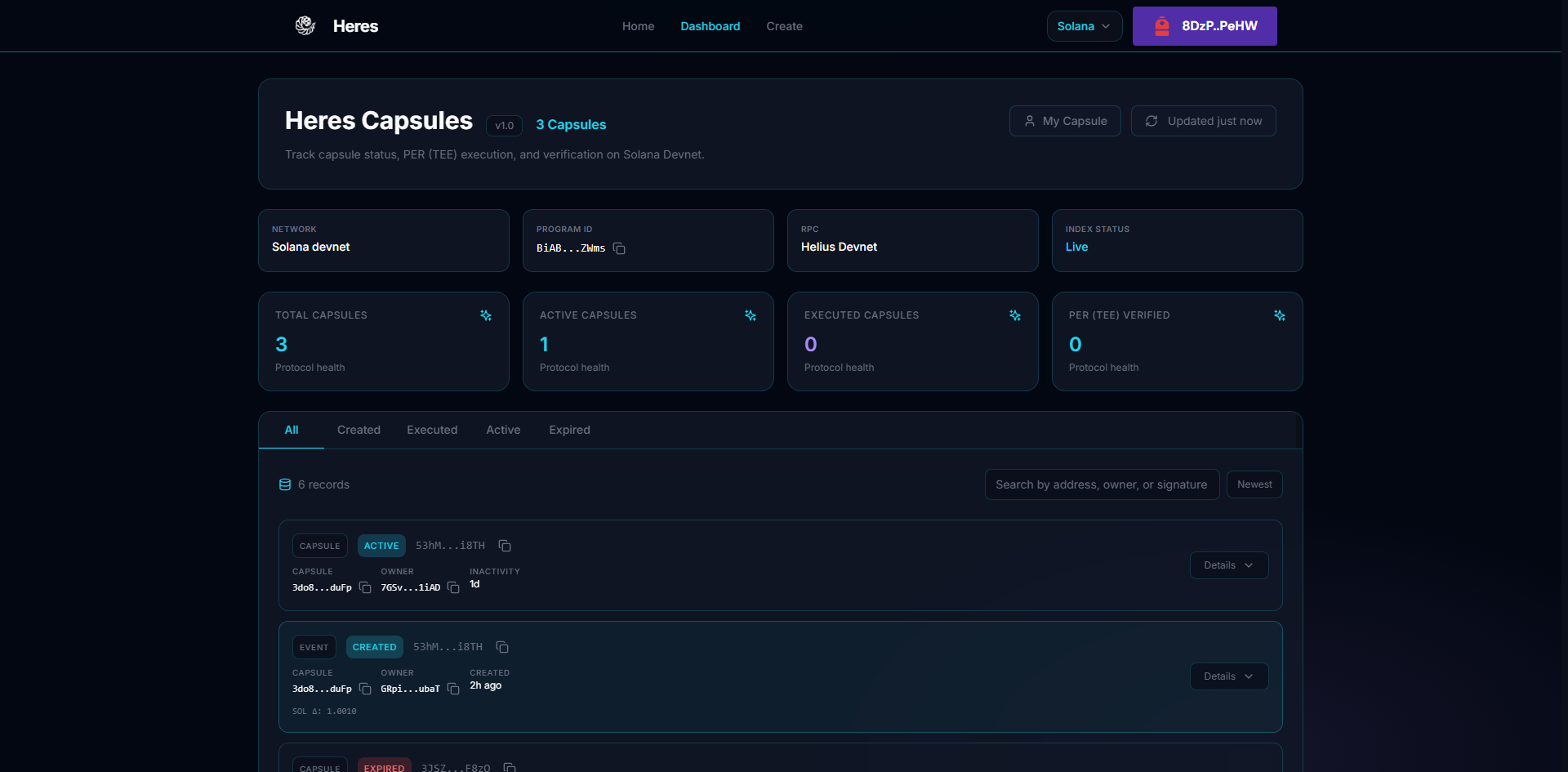 Heres Capsules dashboard - status, PER (TEE) execution, verification